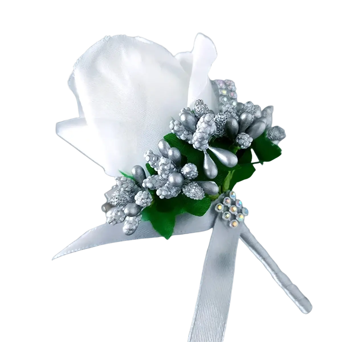 Blue wedding boutonniere artificial silk rose with silver and white floral accents and satin ribbon tie