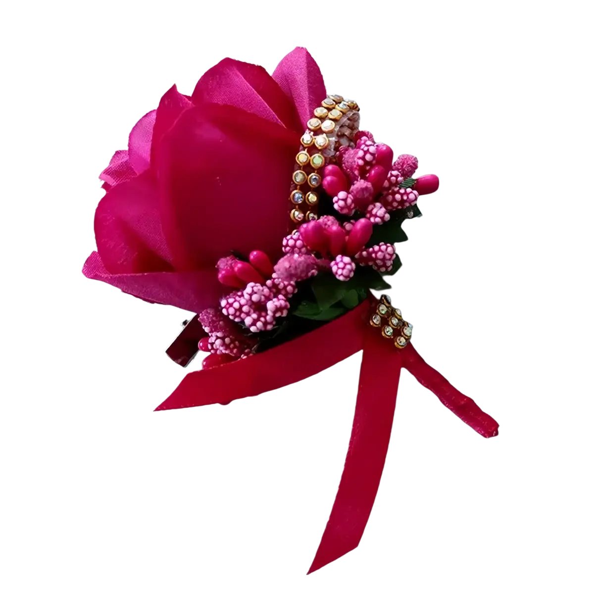 A vibrant fuchsia artificial silk rose boutonniere with pink beaded clusters and gold accents for weddings