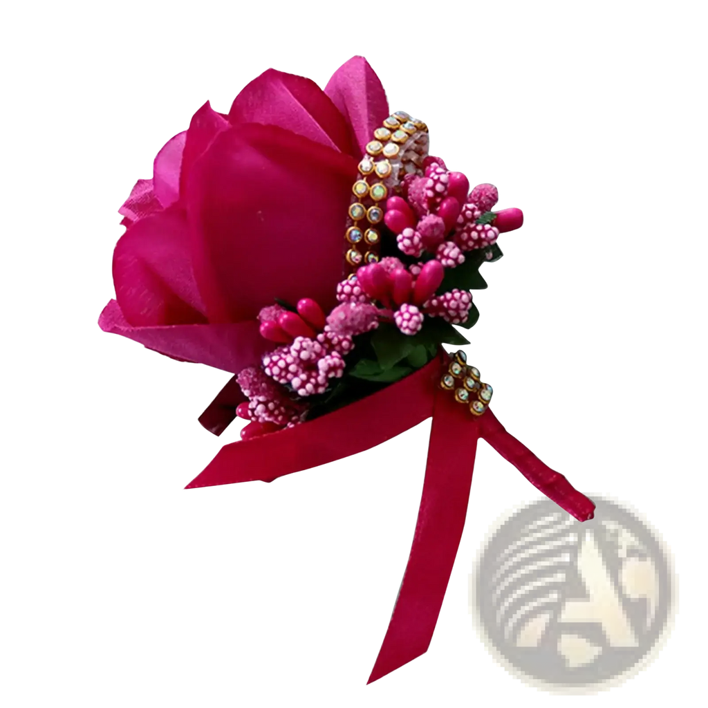 Blue wedding boutonniere artificial silk rose corsage featuring a vibrant fuchsia rose with pink and white berries gold accents