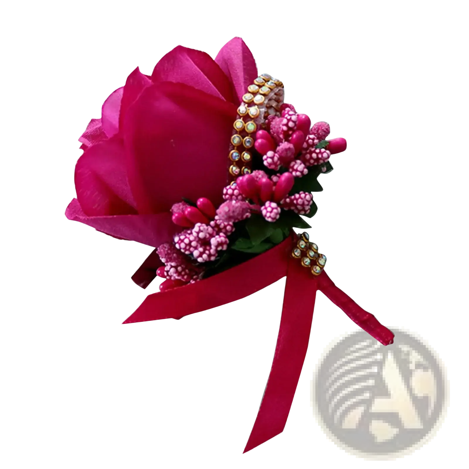 Blue wedding boutonniere artificial silk rose corsage featuring a vibrant fuchsia rose with pink and white berries gold accents
