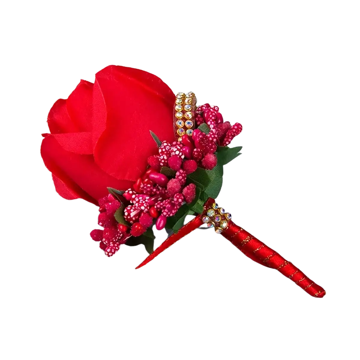 Blue wedding boutonniere artificial silk red rose with pink white beaded berries green leaves and gold embellishment