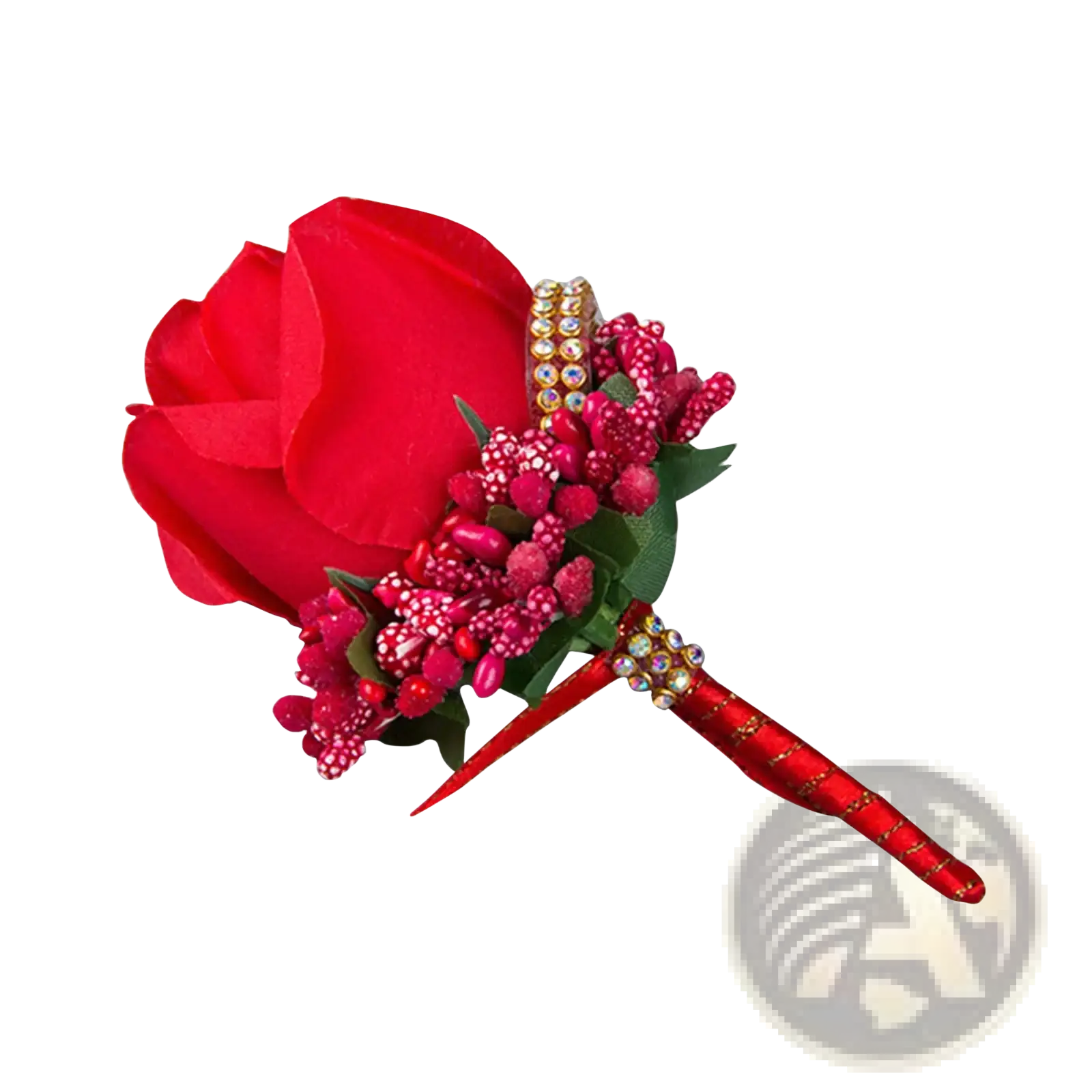 A vibrant red artificial silk rose boutonniere with pink berries and gold rhinestones on a satin ribbon stem for weddings