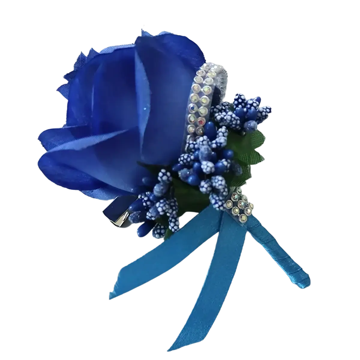 A vibrant royal blue satin rose corsage with sparkling rhinestone accents and ribbon ties for weddings