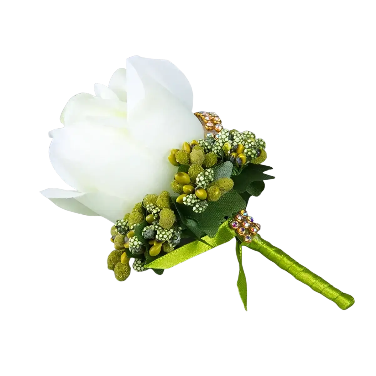 White artificial rose boutonniere with green foliage and rhinestone accents for blue wedding corsage use