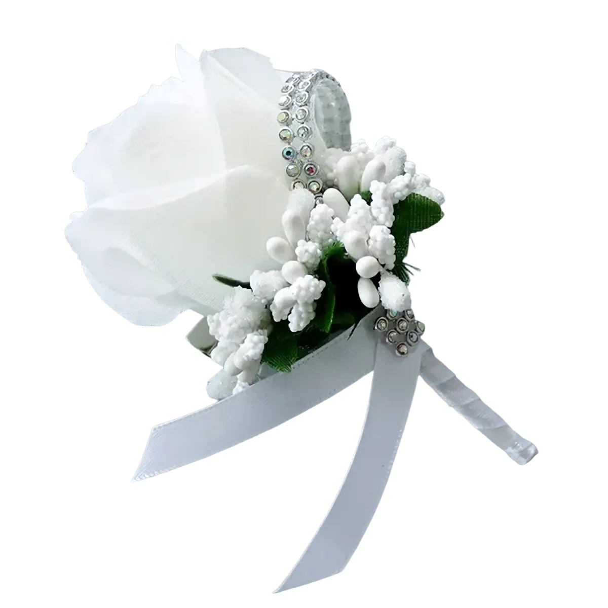 White floral blue wedding boutonniere with satin ribbon and crystal embellishments made of artificial silk roses