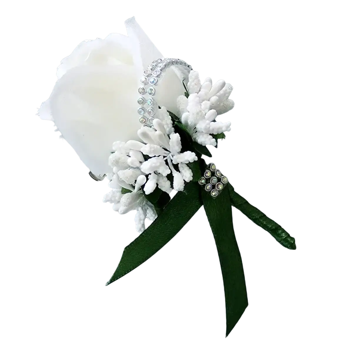 Blue wedding boutonniere featuring a white artificial silk rose with satin ribbon and crystal embellishments