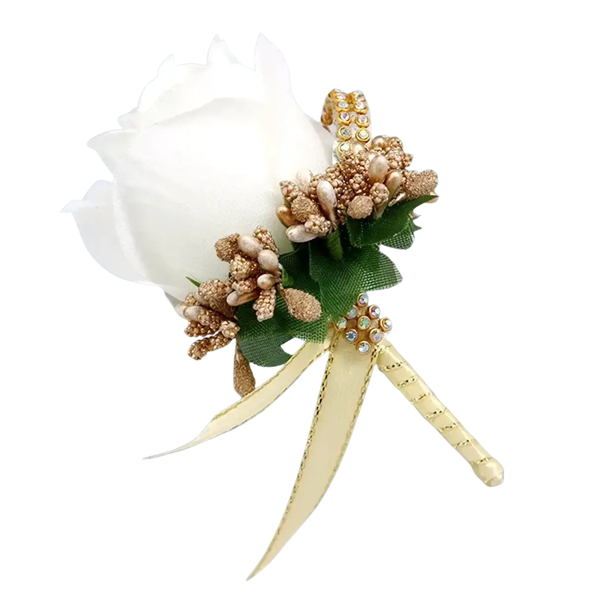 Blue wedding boutonniere featuring a white satin rose with gold beads, faux berries, and a matching ribbon tie made of silk