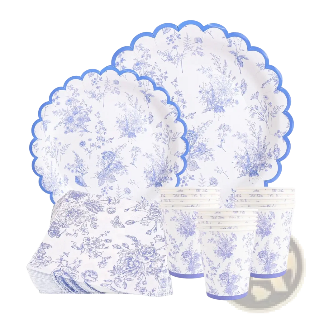 Blue and white porcelain paper party tableware set with floral design and scalloped edges for festive occasions
