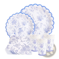 Blue and white porcelain paper party tableware set with floral design and scalloped edges for festive occasions