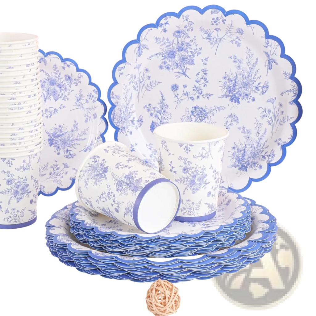 Blue and white porcelain party tableware set featuring floral-patterned paper plates with scalloped edges