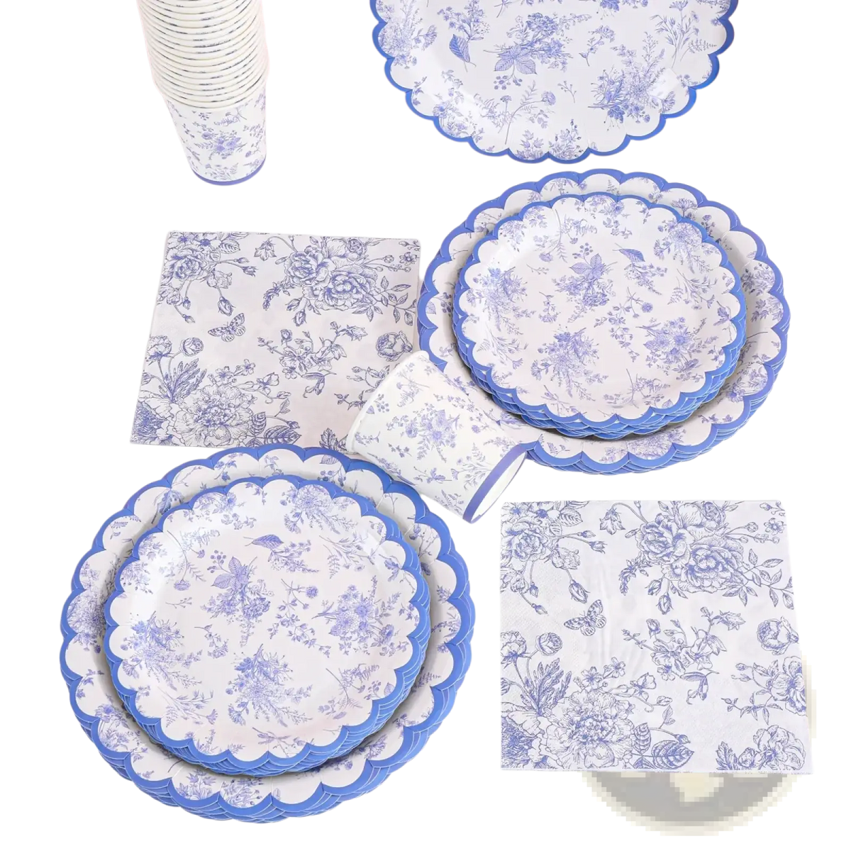 Blue and white porcelain party tableware set featuring scalloped paper plates with floral patterns