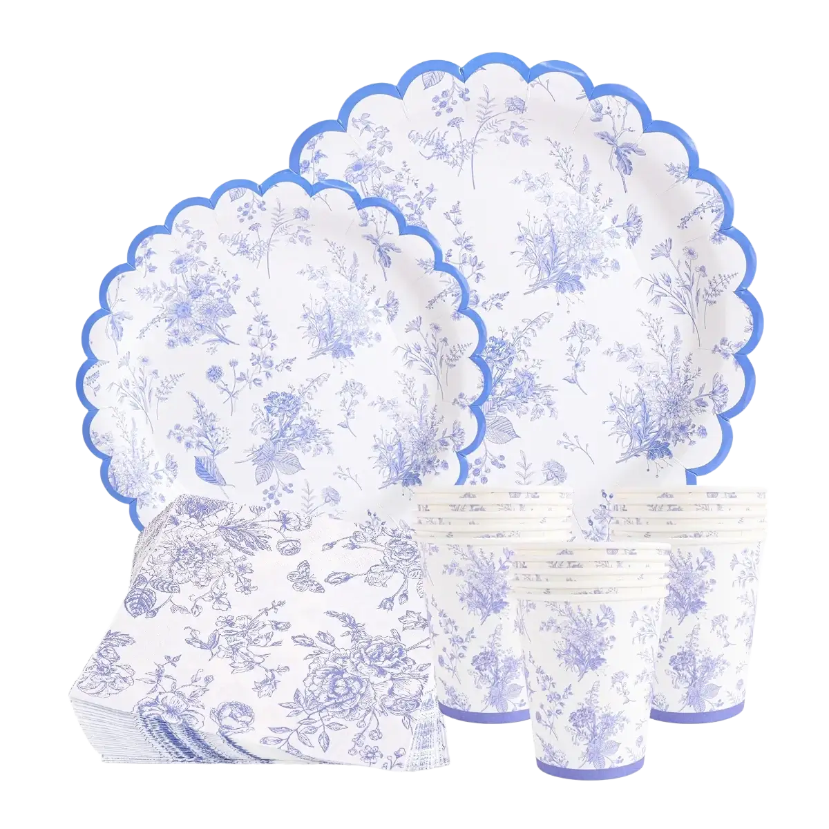 Blue and white porcelain paper party tableware set with floral design and scalloped edges for festive occasions