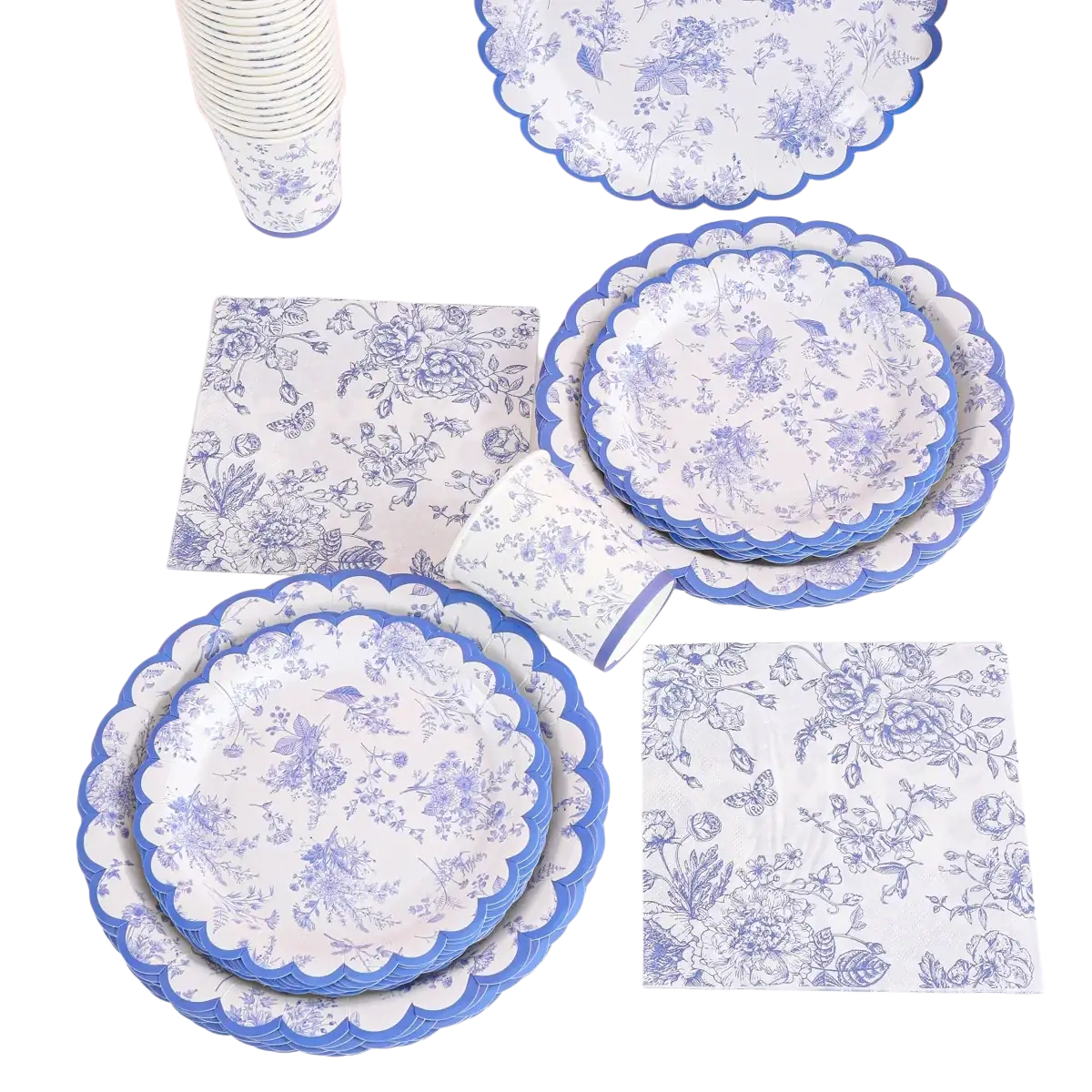 Blue and white porcelain party tableware set featuring scalloped paper plates with floral patterns