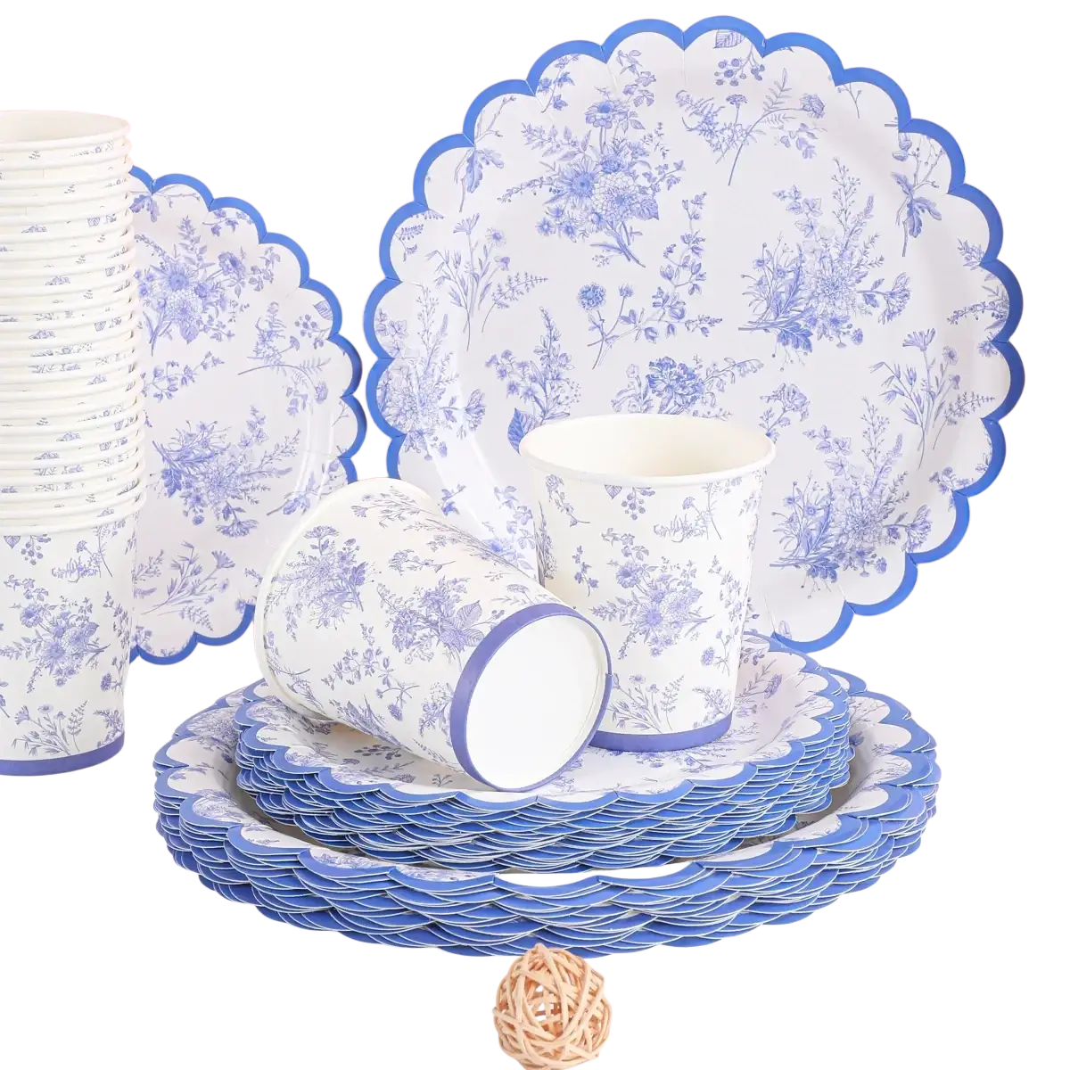Blue and white porcelain party tableware set featuring floral-patterned paper plates with scalloped edges