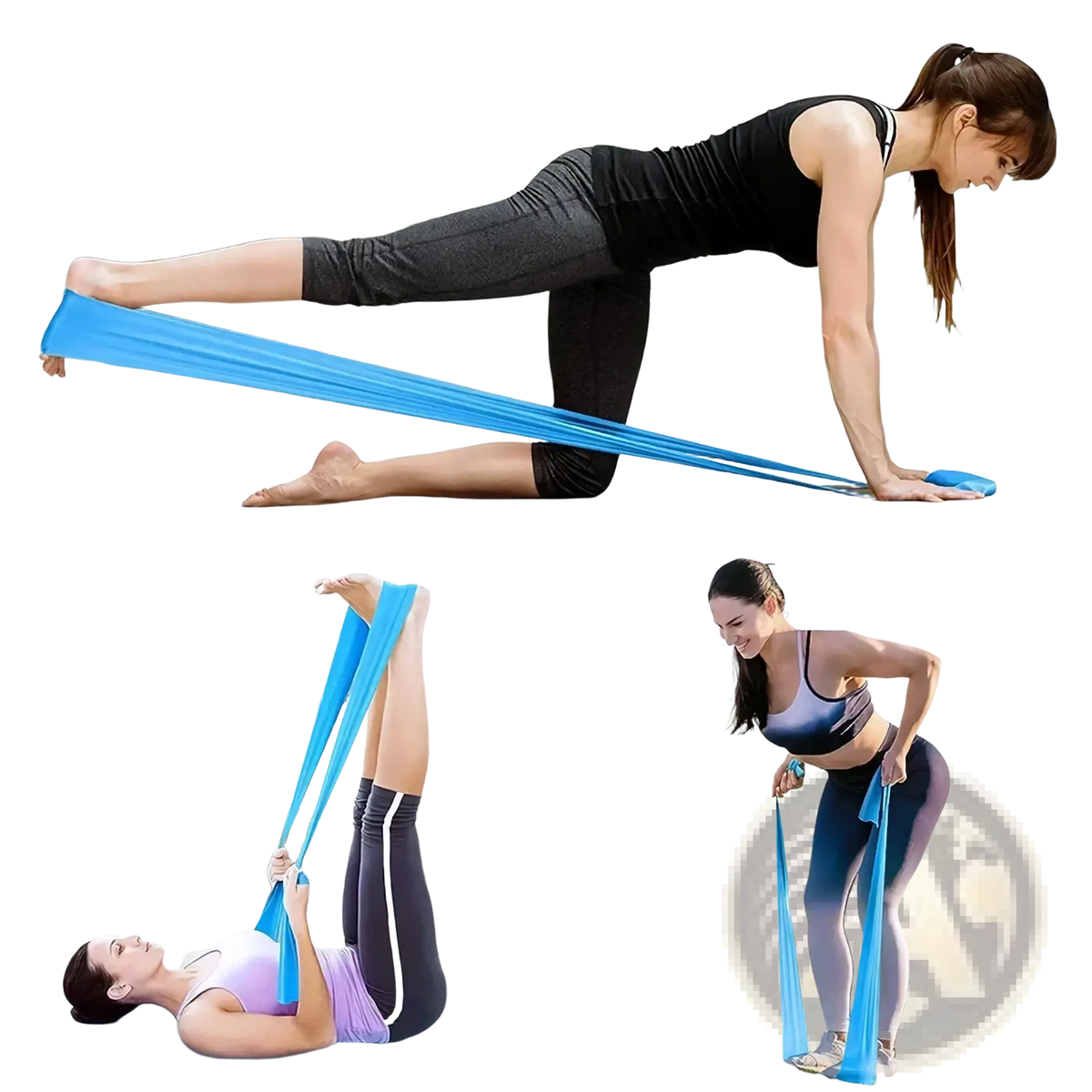 Blue yoga resistance band made of durable material designed for fitness and stretching exercises