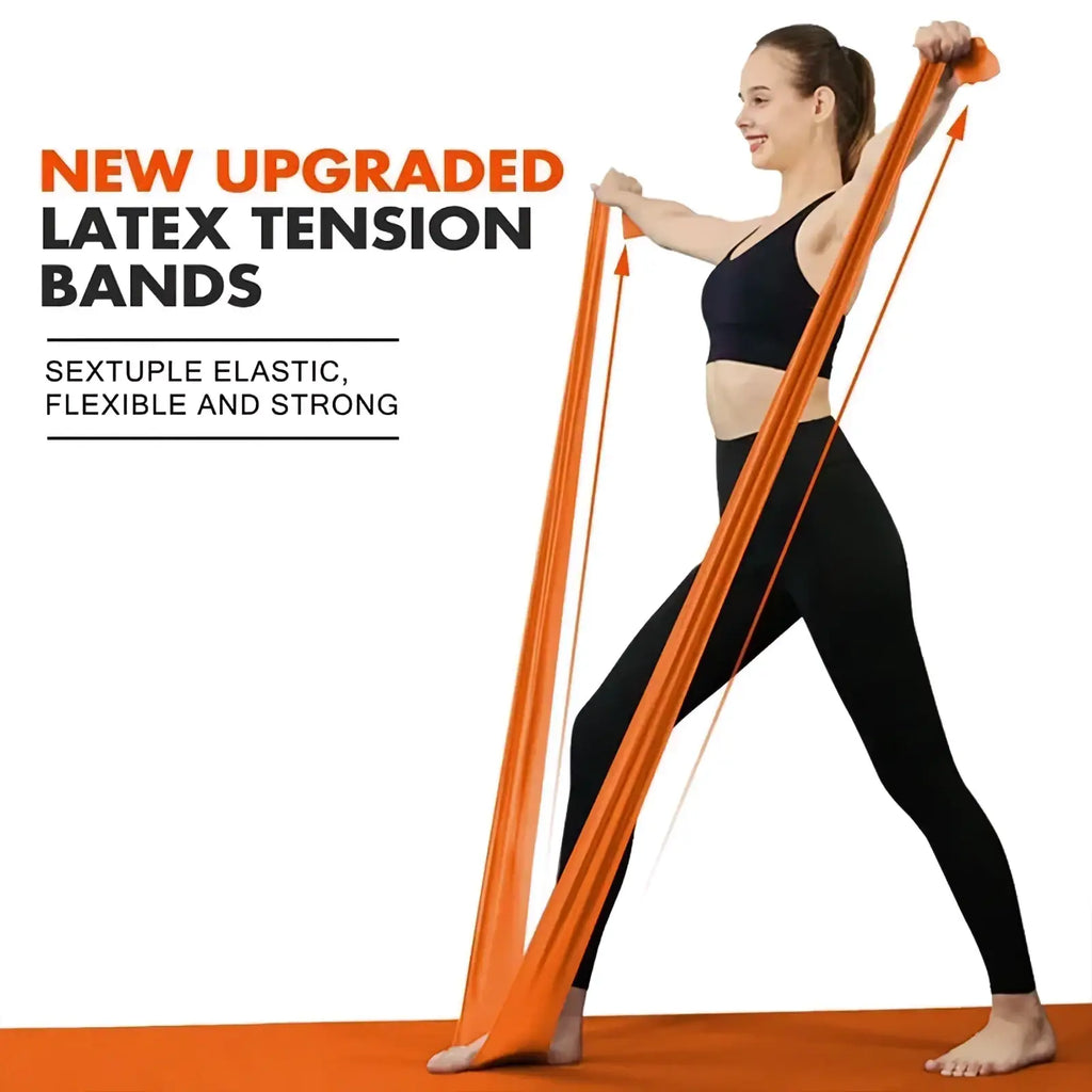 Bright orange latex yoga resistance bands featuring new upgraded sextuple elastic for fitness and stretching