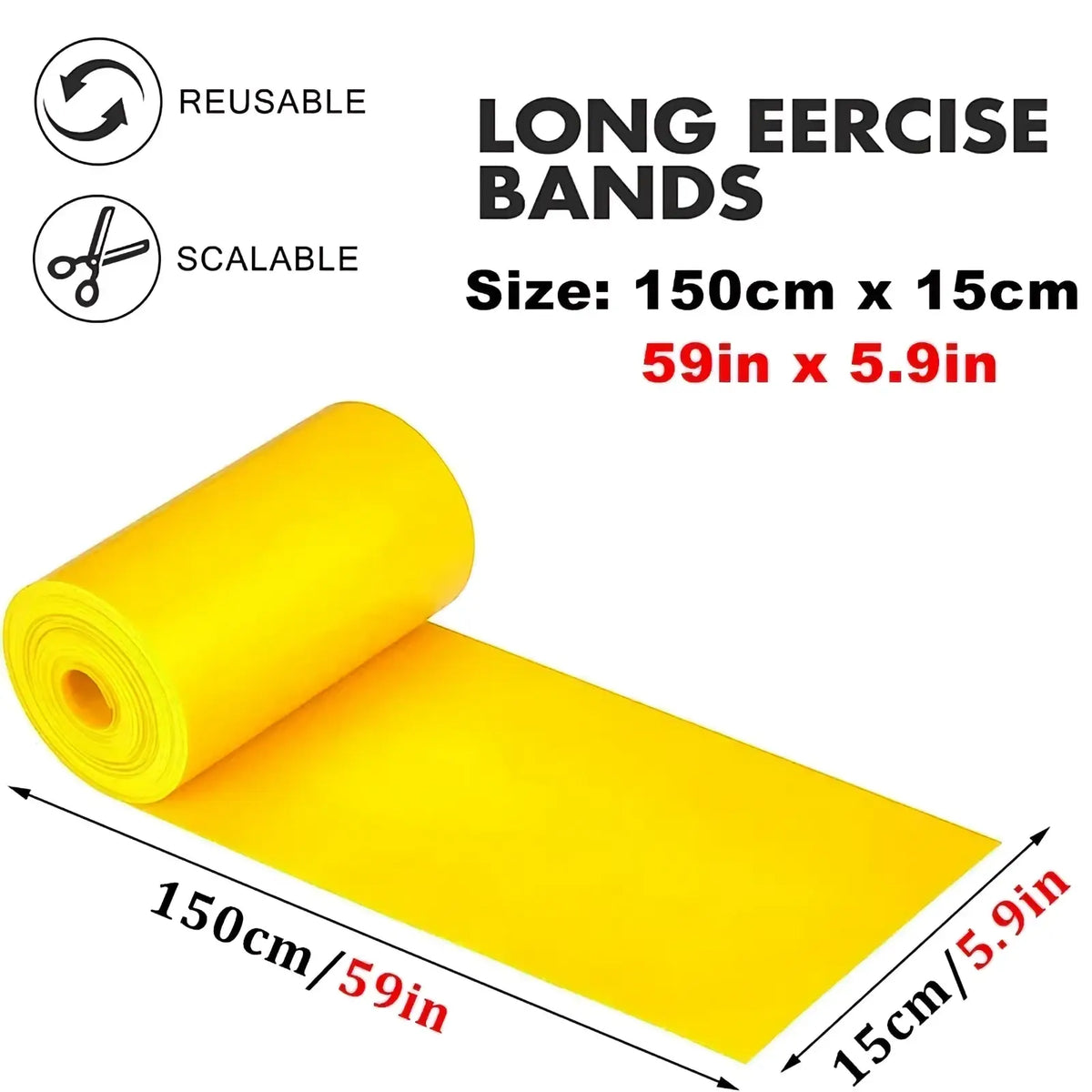 Bright yellow reusable long exercise bands with 150cm x 15cm size for fitness and stretching use
