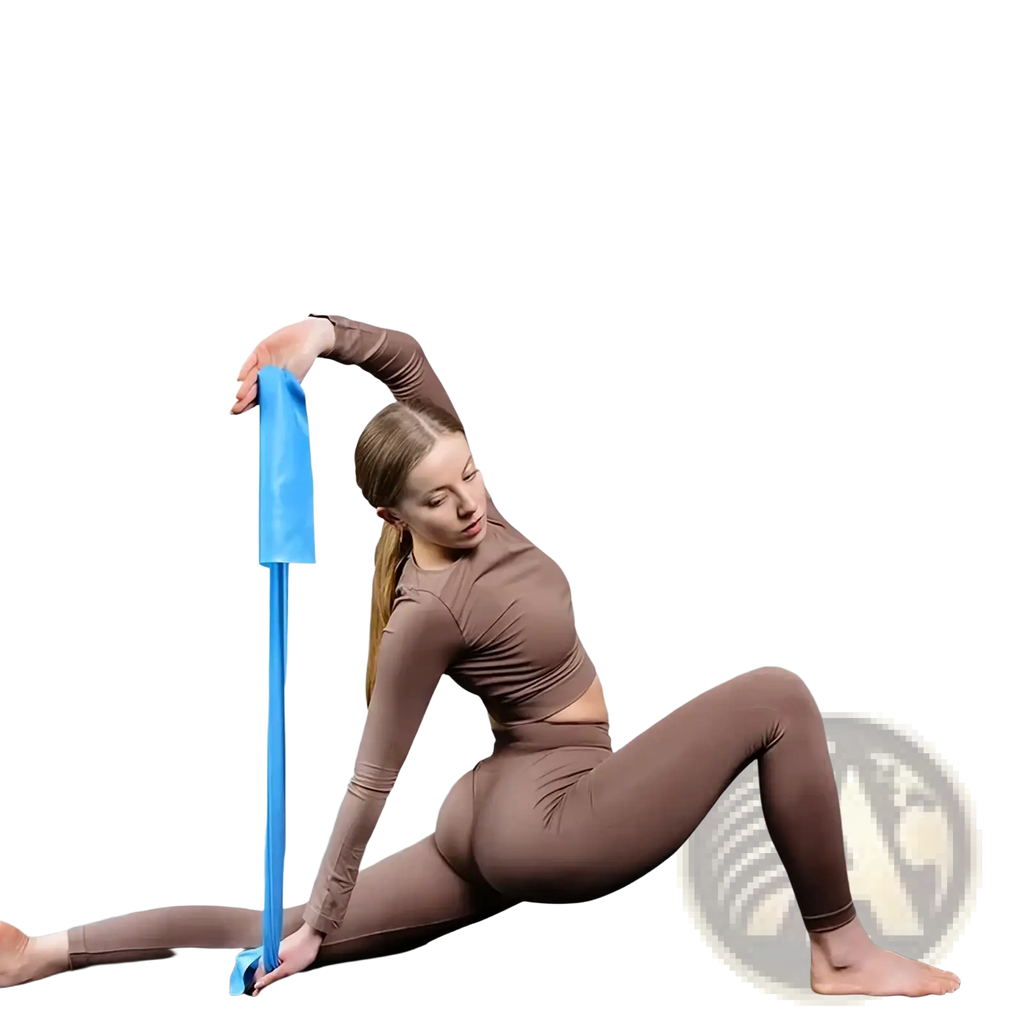 Blue yoga resistance band made of elastic material designed for fitness and stretching exercises