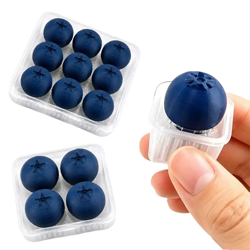 Deep blue glossy plastic blueberry-shaped fidget toy erasers in clear clamshell packaging for stress relief