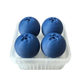Four deep blue spherical 3d printed blueberry fidget toys with textured tops in a clear container for stress relief