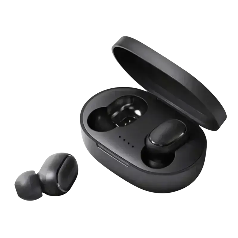 Black bluetooth 5.3 tws wireless earbuds in a sleek matte charging box with polymer lithium battery technology