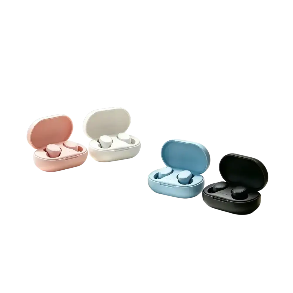 Set of four bluetooth 5.3 tws wireless earbuds in pastel pink white light blue and black matte charging boxes with polymer lithium battery