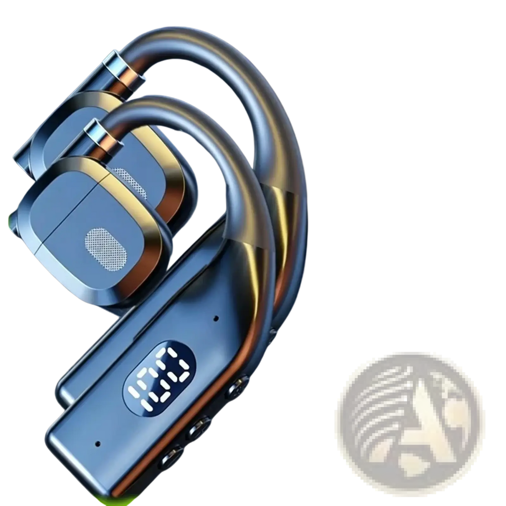 Black and gold bluetooth 5.4 wireless gaming sports earbuds with sleek curved design and led display charging case