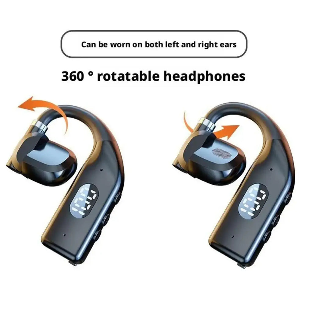 Black Bluetooth 5.4 wireless gaming sports earbuds with 360-degree rotatable ergonomic design and digital display