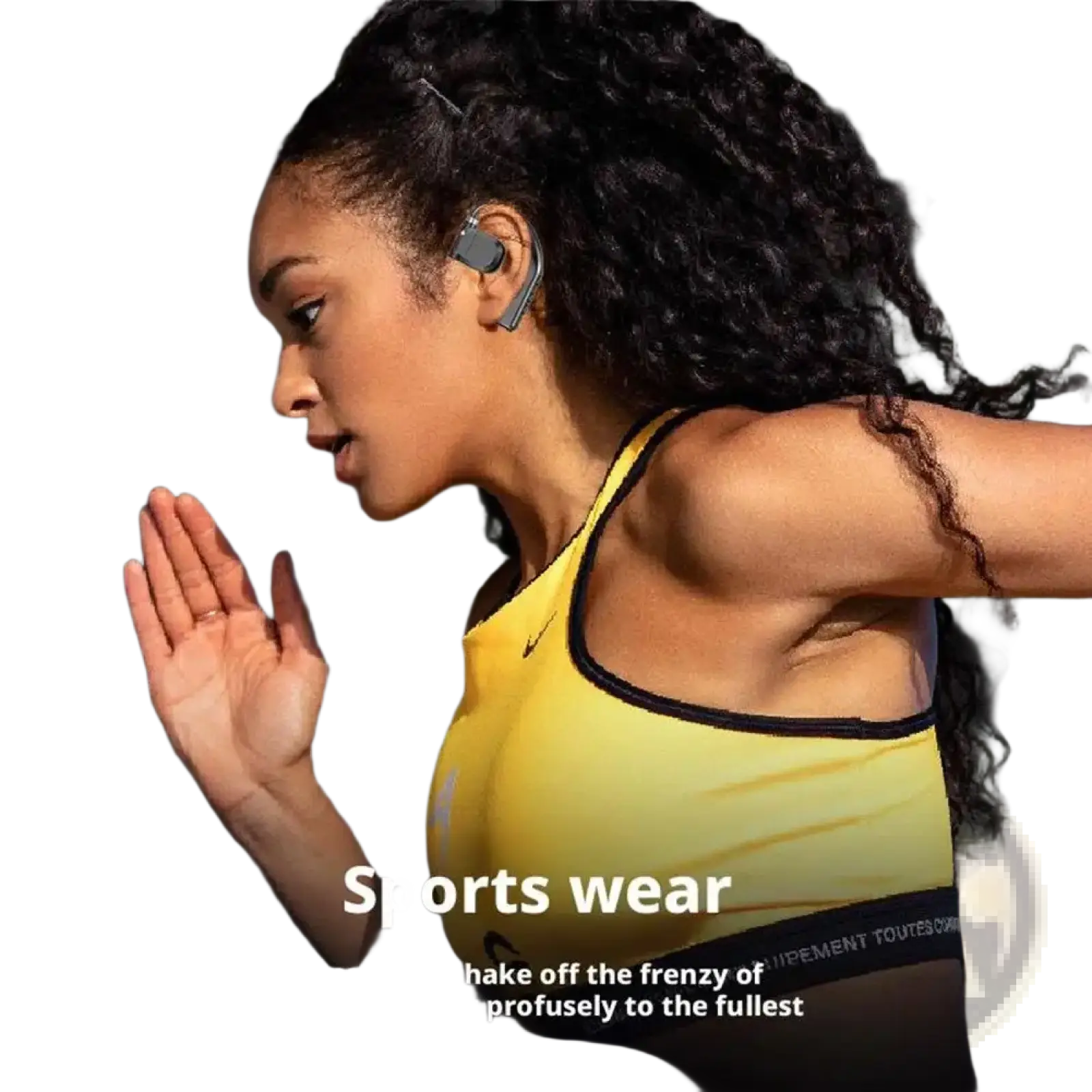 Gray bluetooth 5.4 wireless gaming sports earbud with sleek ergonomic design worn in woman’s ear