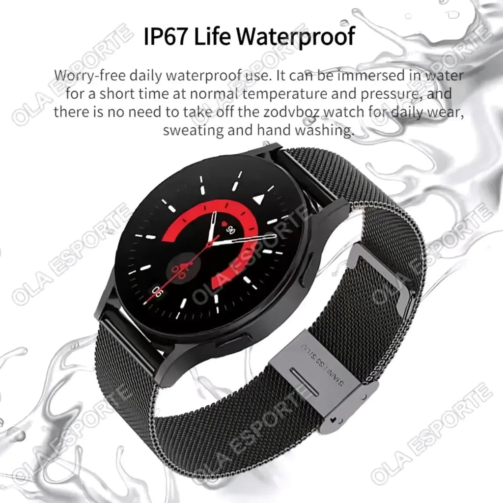 Black mesh metal band bluetooth calling amoled smartwatch with circular black face and red and white digital indicators