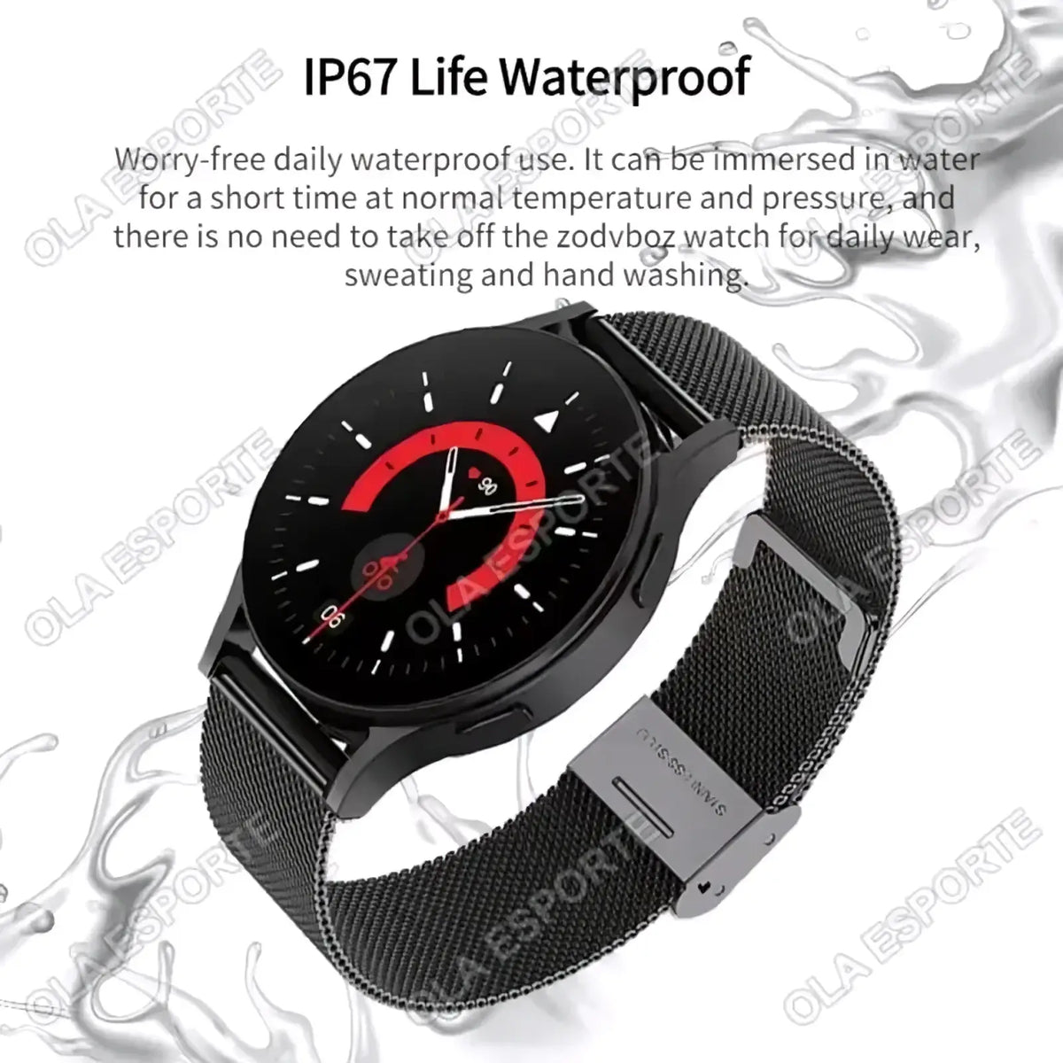 Black mesh metal band bluetooth calling amoled smartwatch with circular black face and red and white digital indicators