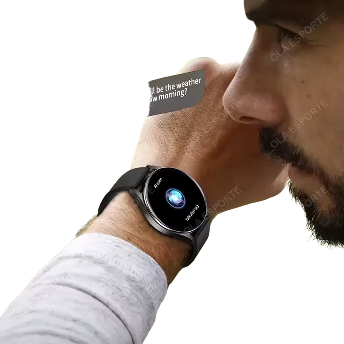 Black bluetooth calling amoled smartwatch with sleek circular screen and matching band worn on a wrist
