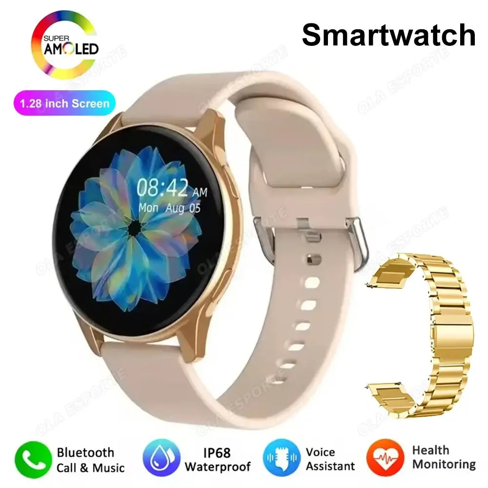 Gold-tone Bluetooth calling AMOLED smartwatch with 1.28-inch super AMOLED screen, beige silicone strap, and gold metal link band