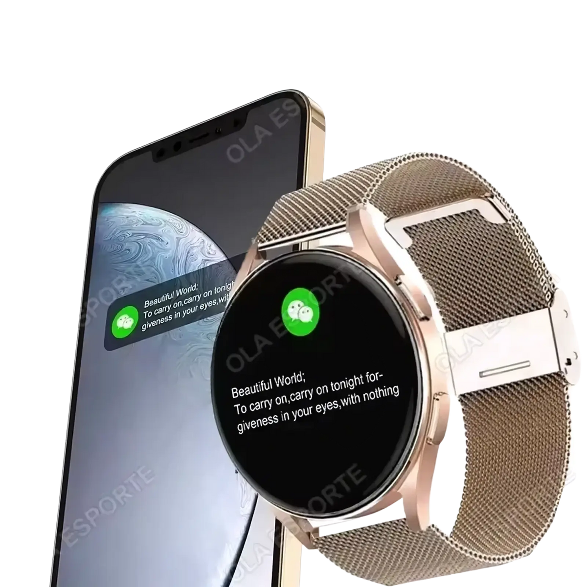 Rose gold bluetooth calling amoled smartwatch with mesh metal band and circular black screen showing notification icons