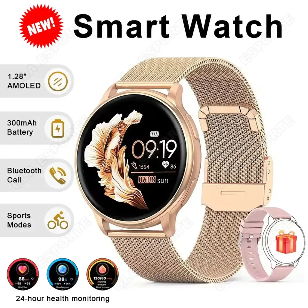 Rose gold mesh band Bluetooth calling AMOLED smartwatch with 1.28-inch display showing time and health metrics