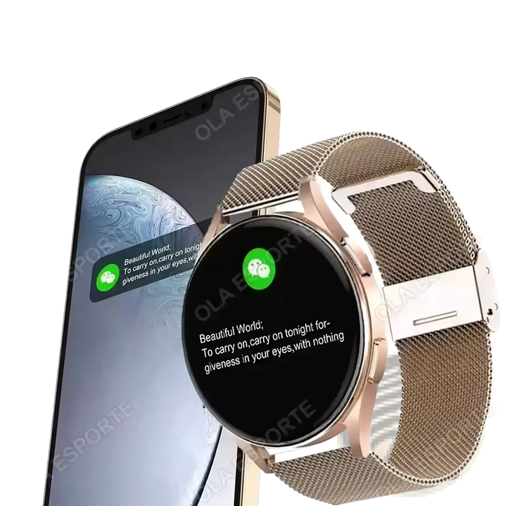 Rose gold bluetooth calling amoled smartwatch with mesh metal band and circular black screen showing notification icons