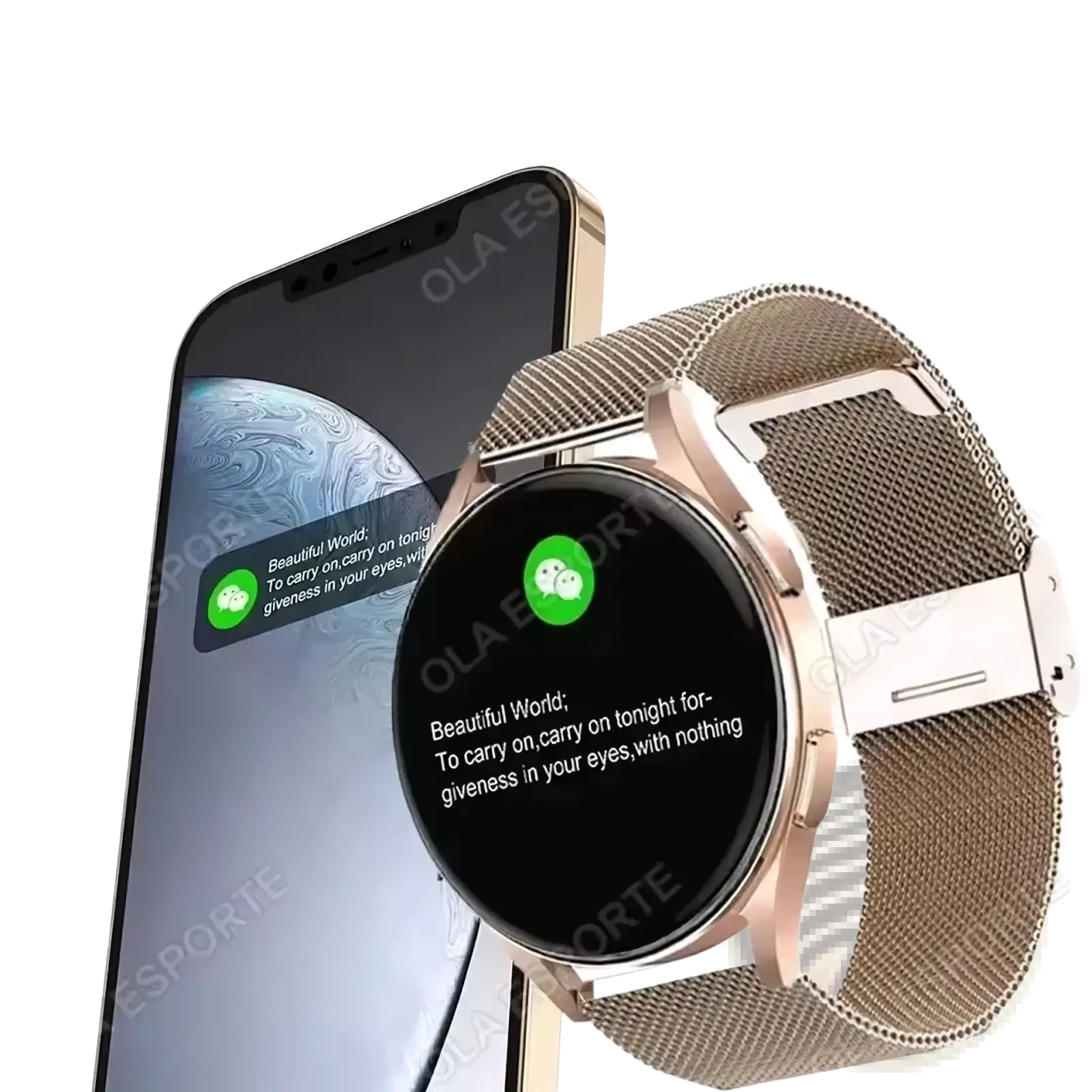 Rose gold bluetooth calling amoled smartwatch with mesh metal band and circular black screen showing notification icons