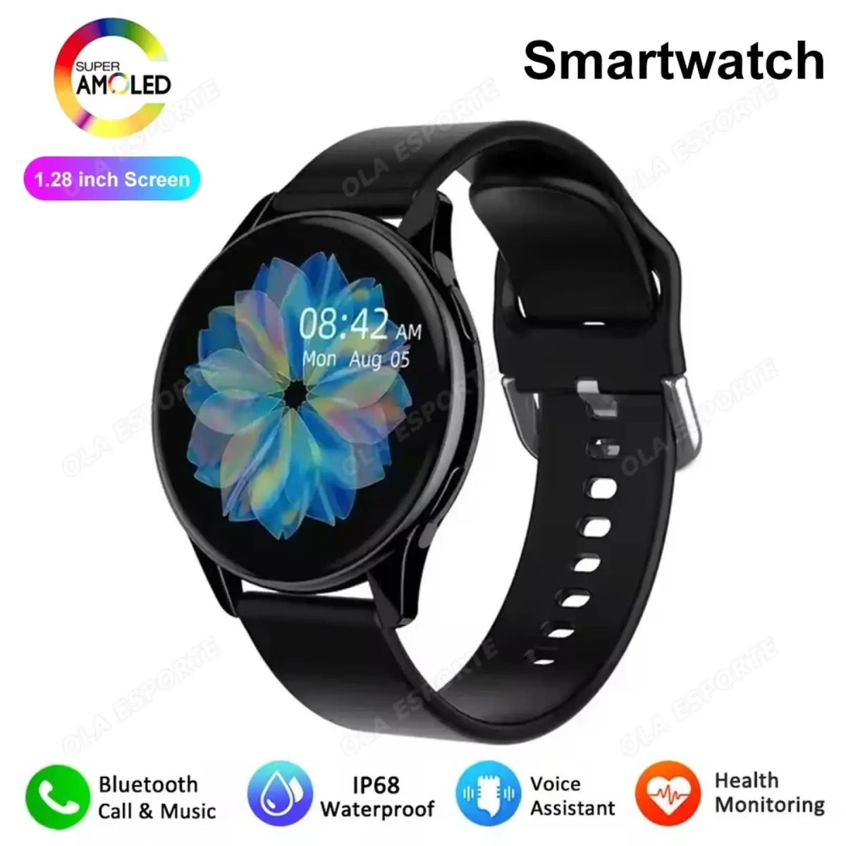 Black bluetooth calling amoled smartwatch with 1.28-inch super amoled screen and ip68 waterproof rating displaying floral wallpaper