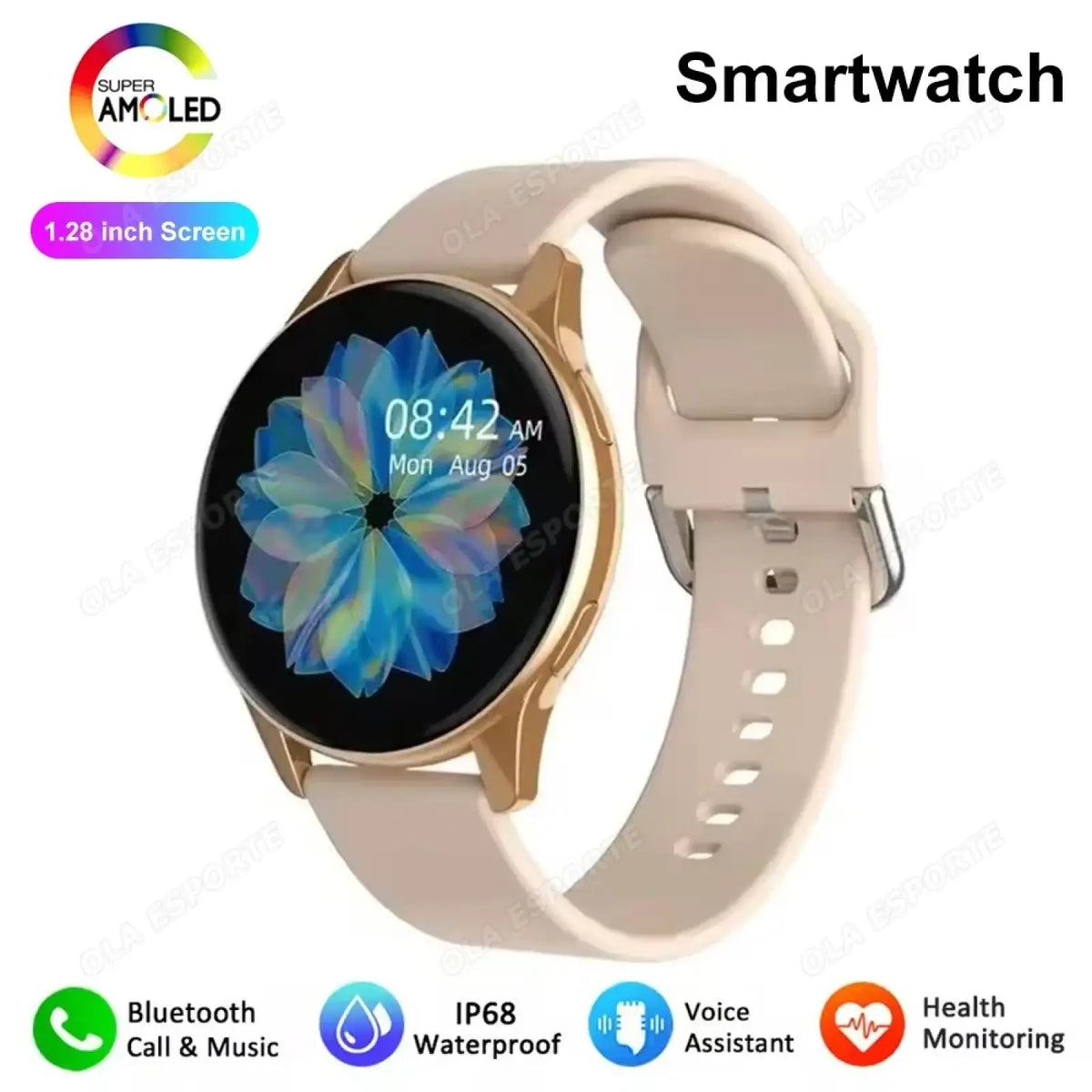 Bluetooth calling amoled smartwatch with gold tone case 1.28 inch super amoled screen and beige silicone strap displaying floral wallpaper