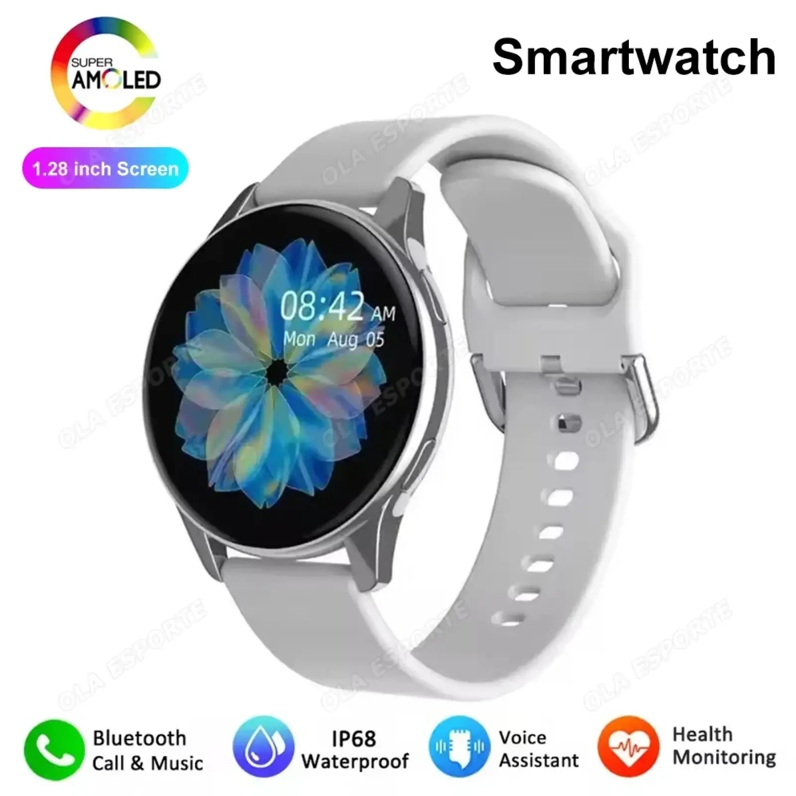 Bluetooth calling amoled smartwatch with white silicone strap silver metallic case and 1.28-inch super amoled display showing floral wallpaper