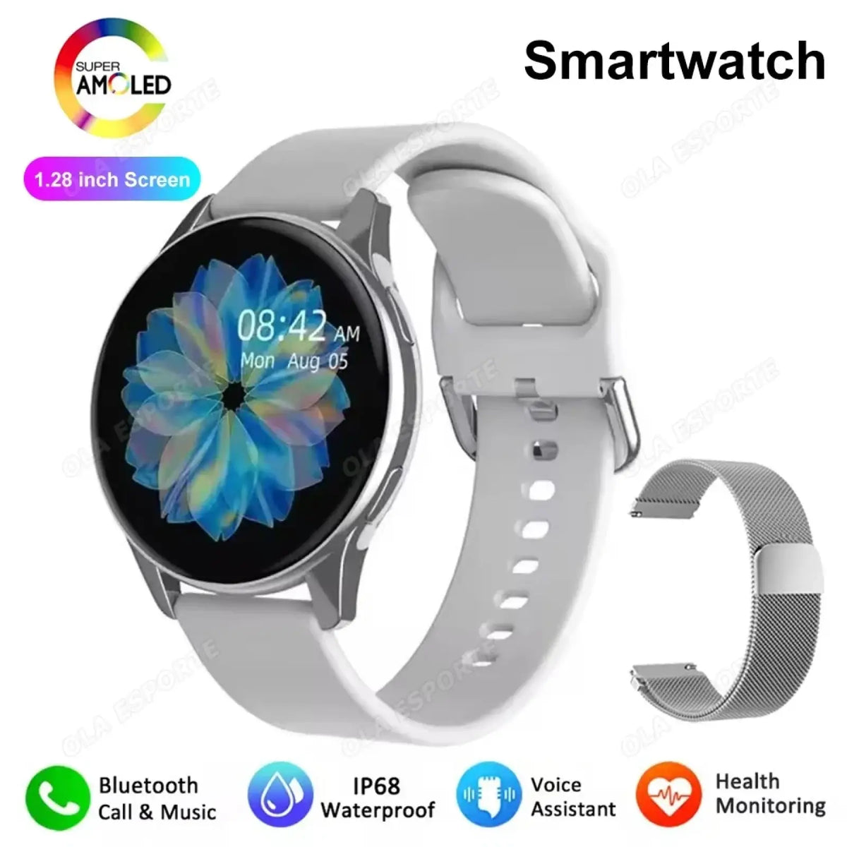 Bluetooth calling amoled smartwatch with white silicone, 1.28-inch super amoled screen, silver metal case, and mesh band