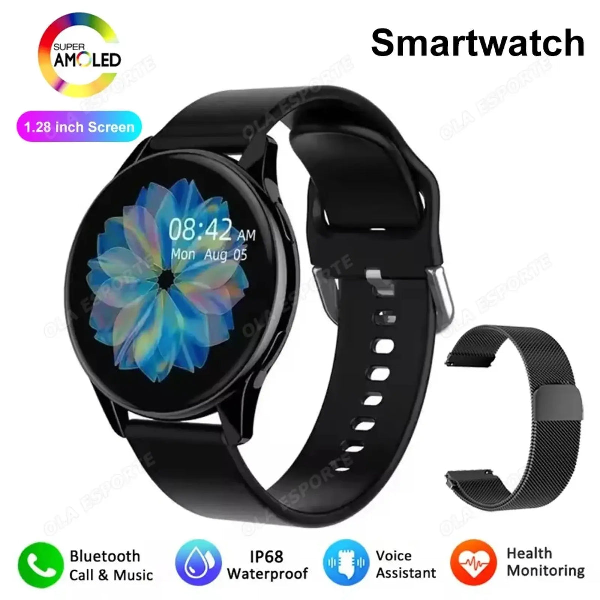 Black bluetooth calling amoled smartwatch with 1.28-inch super amoled screen and black silicone strap showing floral wallpaper