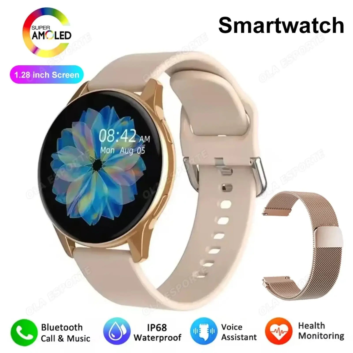 Gold-tone bluetooth calling amoled smartwatch with 1.28-inch super amoled screen beige silicone strap and mesh band