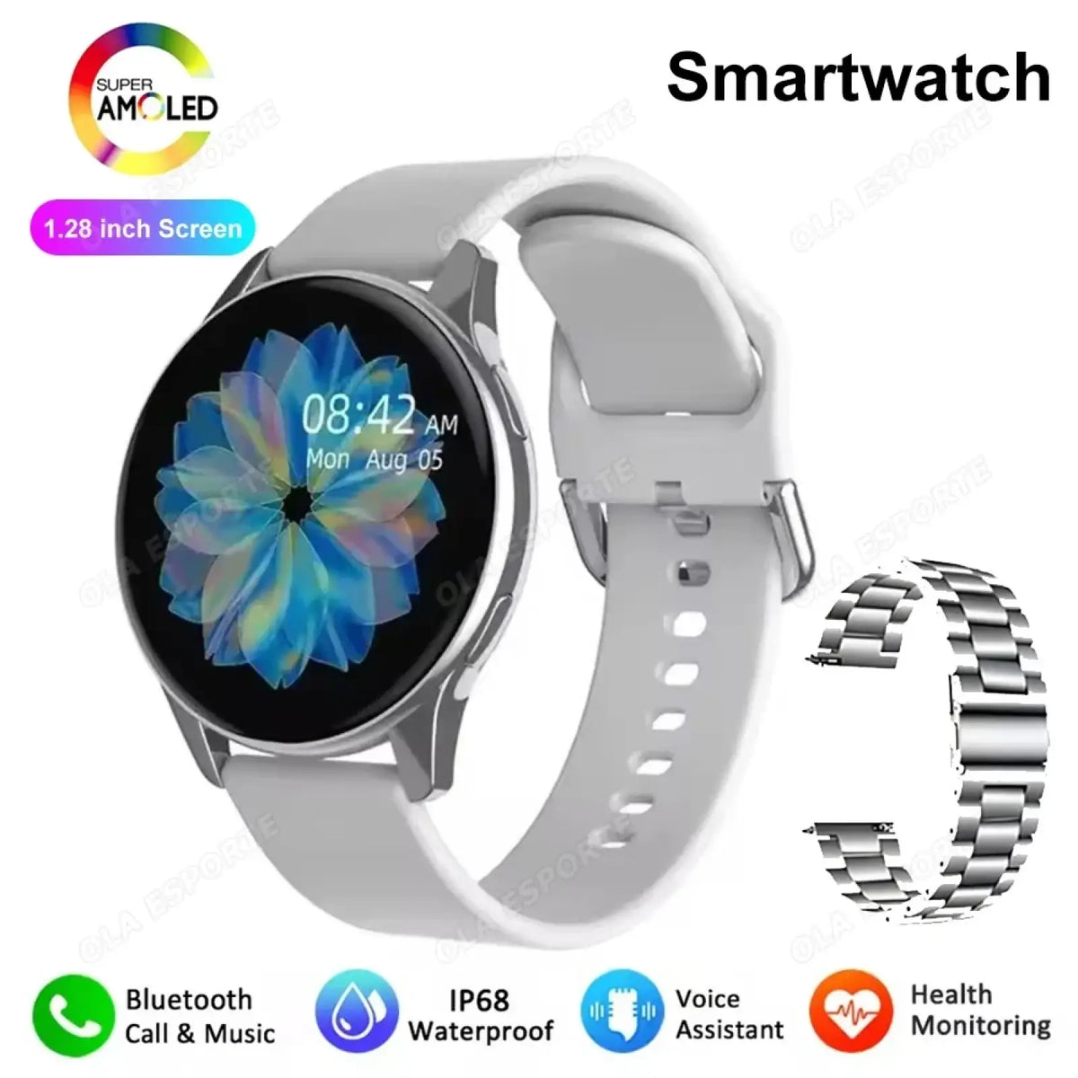 Bluetooth calling amoled smartwatch with white silicone strap 1.28-inch super amoled screen silver metal case and stainless steel band