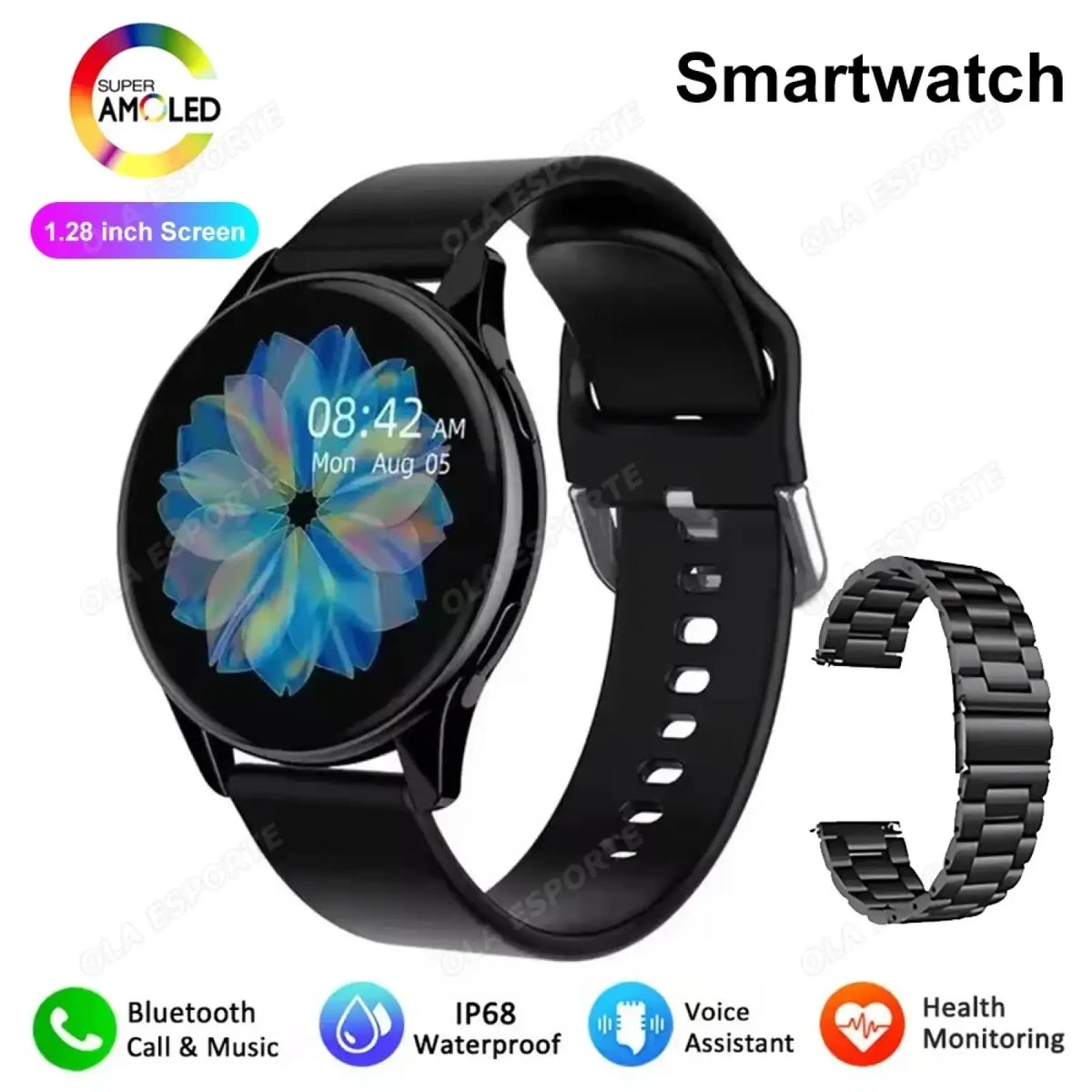 Black bluetooth calling amoled smartwatch with 1.28-inch super amoled screen displaying floral wallpaper, black silicone strap