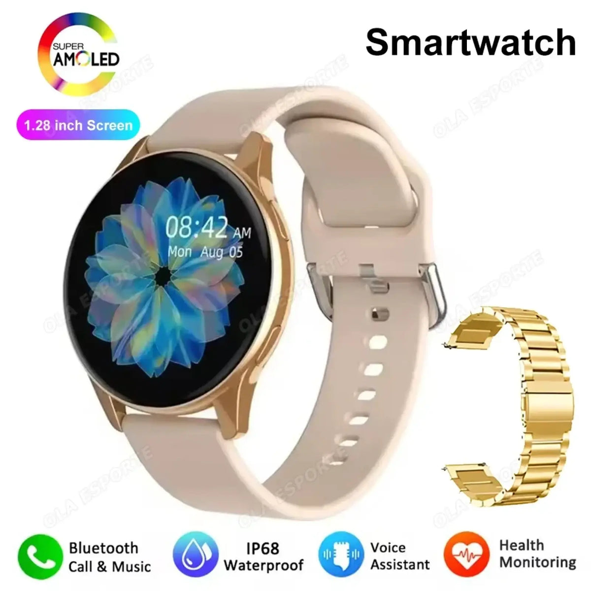 Gold-tone Bluetooth calling AMOLED smartwatch with 1.28-inch super AMOLED screen, beige silicone strap, and gold metal link band