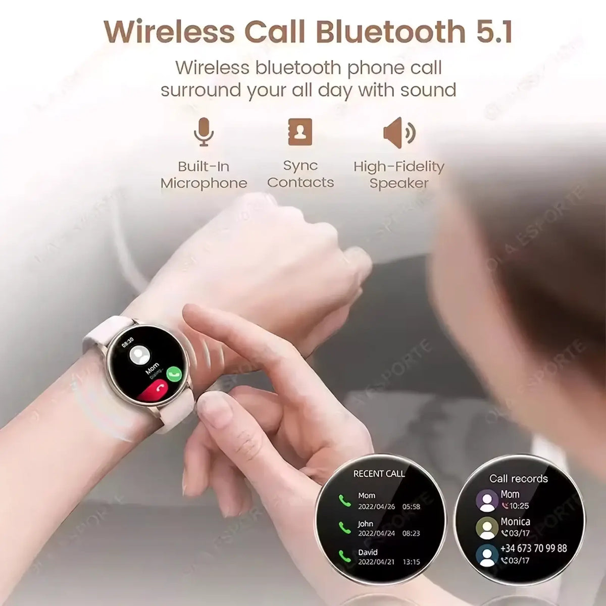 White bluetooth calling amoled smartwatch with circular screen displaying call interface and matching white strap