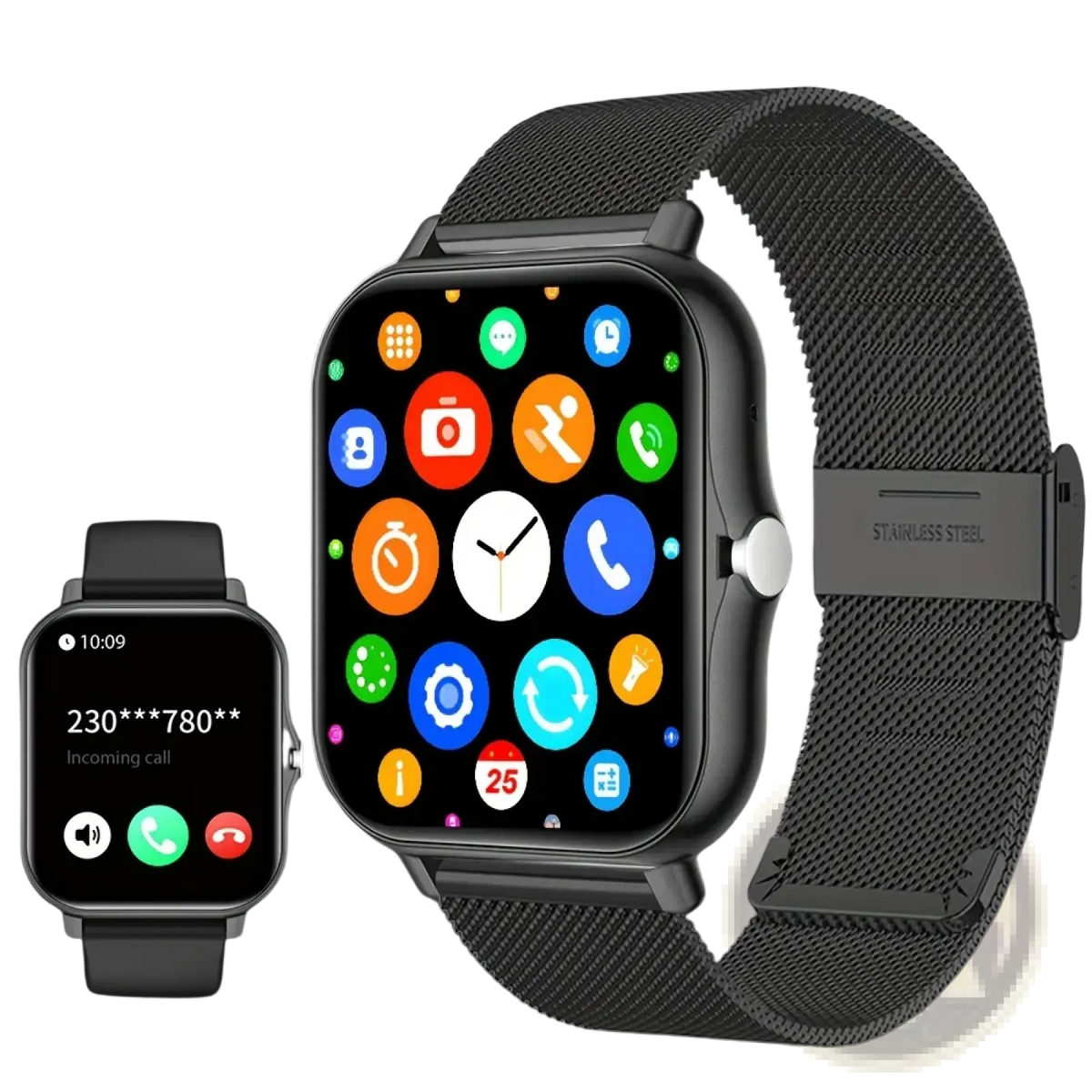 Black stainless steel mesh band bluetooth calling smartwatch with square face and colorful app icons on 1.83 inch screen