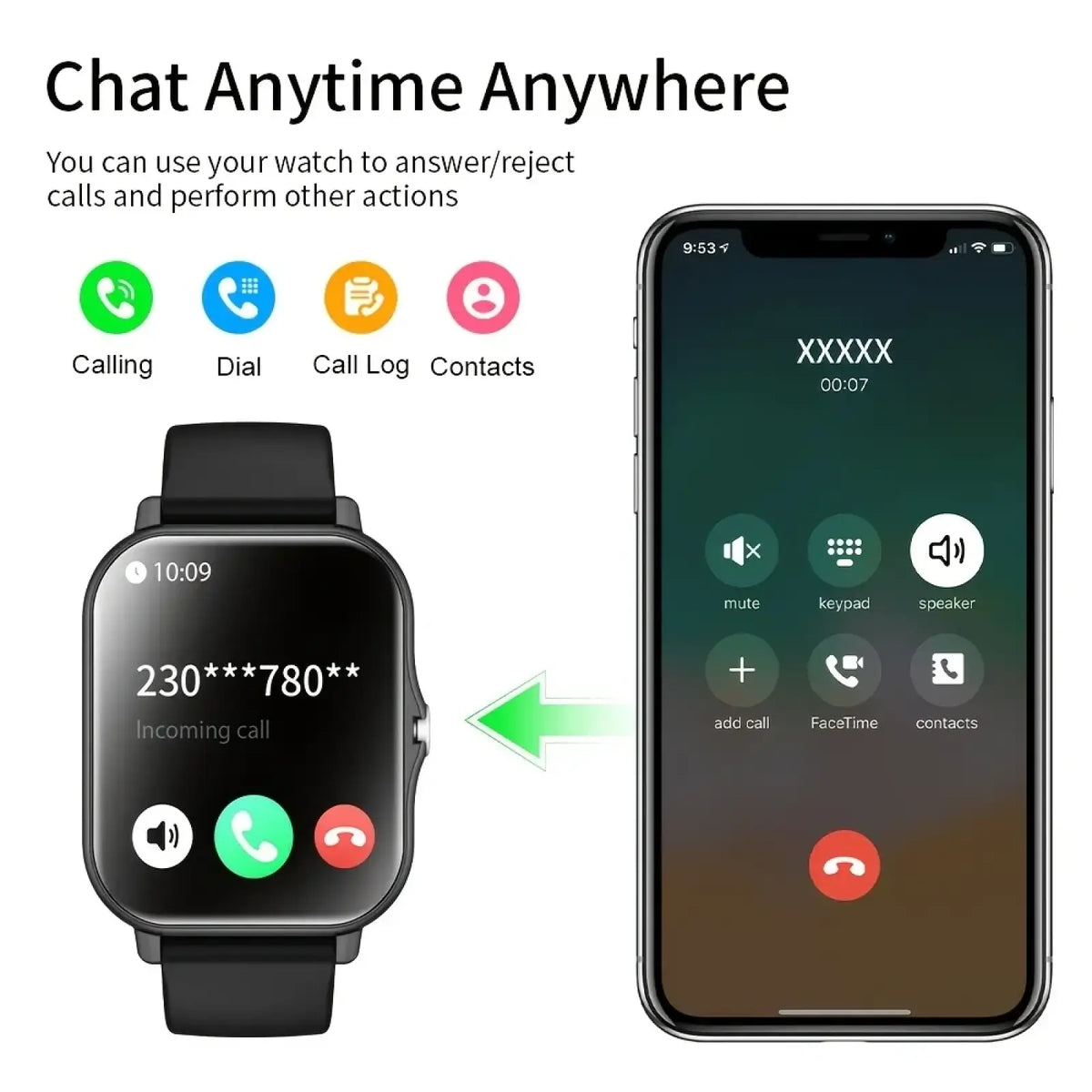 Black Bluetooth calling smart watch with 1.83 inch rectangular touch screen and black strap displaying incoming call