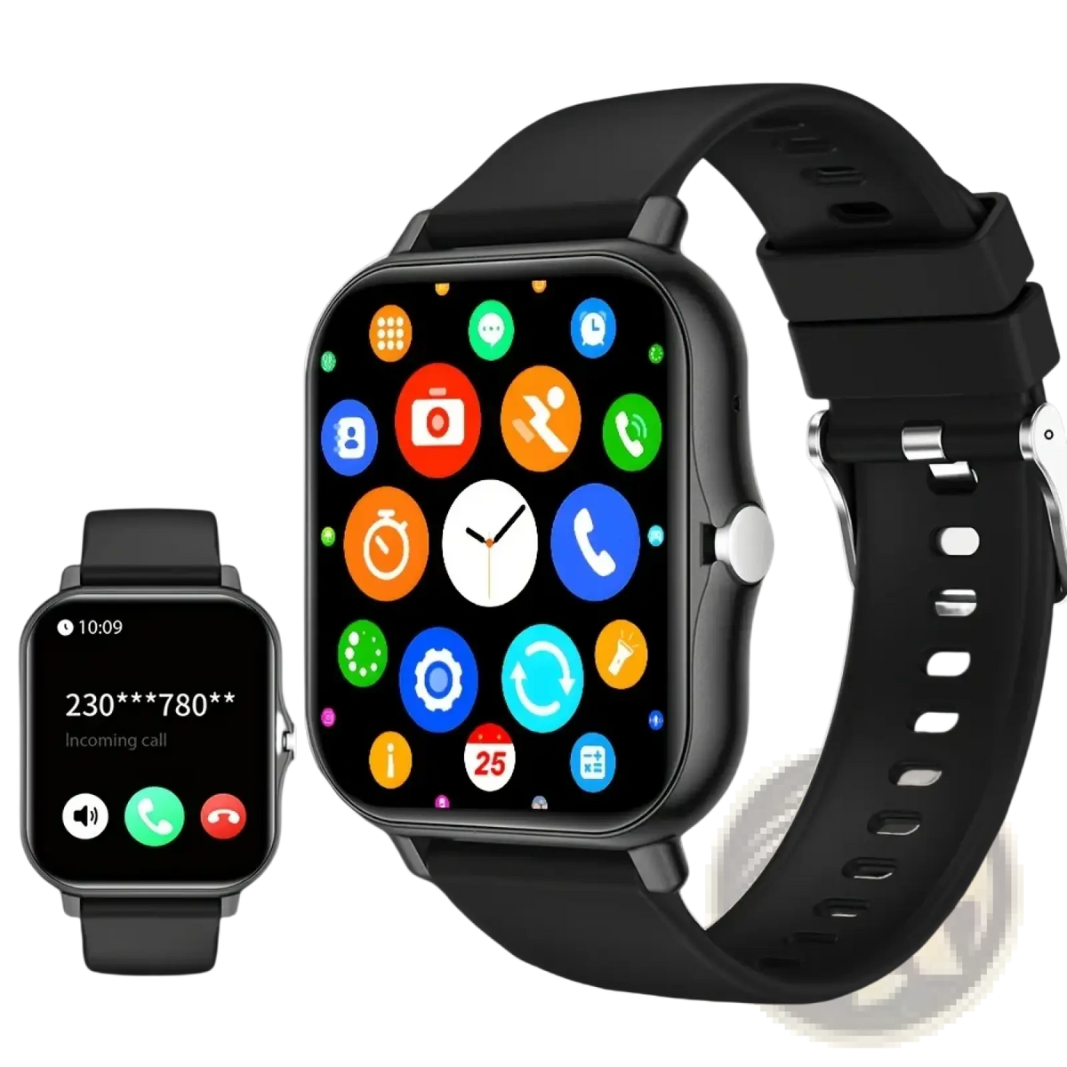 Black bluetooth calling smart watch with 1.83 inch touch screen silver-tone bezel buckle colorful app display